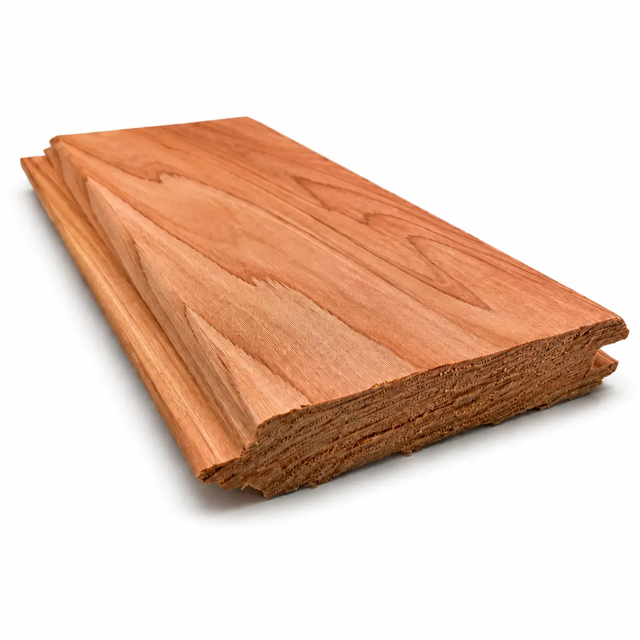 Two interlocking Cedar cladding boards highlighting the tongue and groove (T&G) structural edge profiles on a white background.