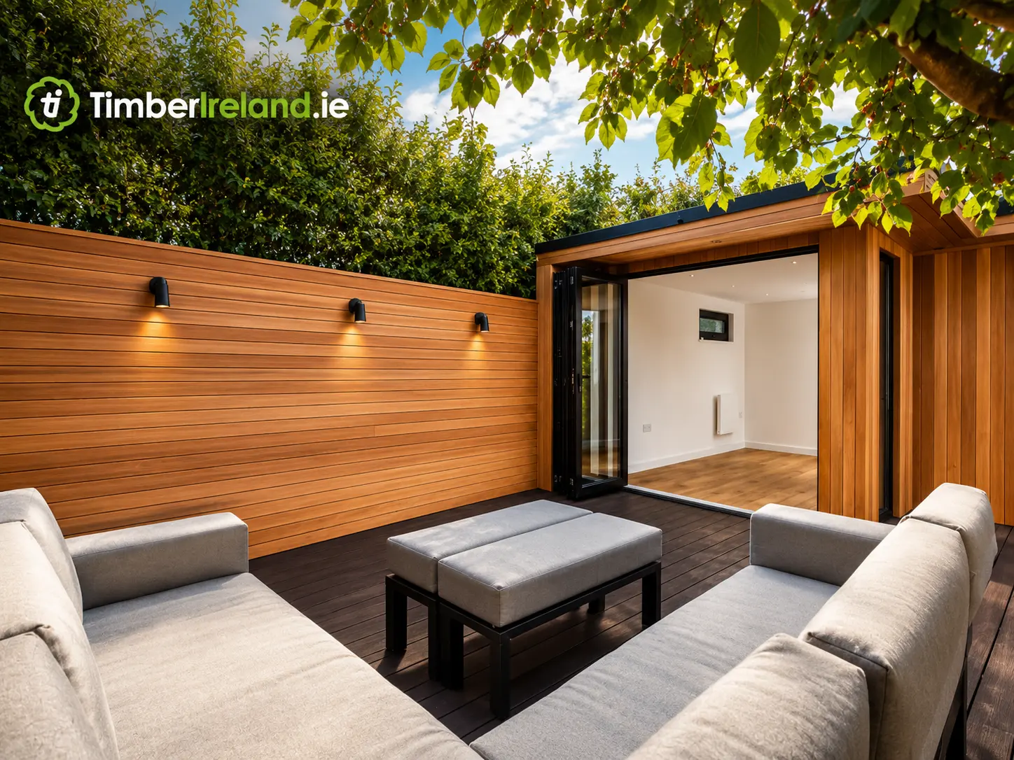 Modern garden patio courtyard utilizing Cedar Cladding Board T&G Profile 94x18mm 1830mm on walls.