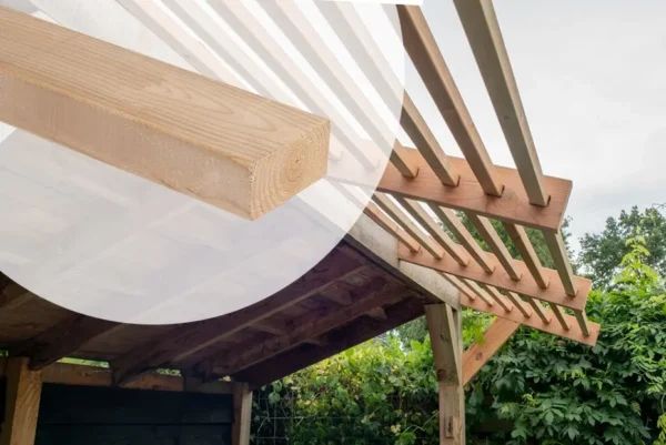Douglas Fir sawn timber joists used as overhead slatted rafters for an outdoor garden shelter roof structure, with an inset showing the wood grain profile.