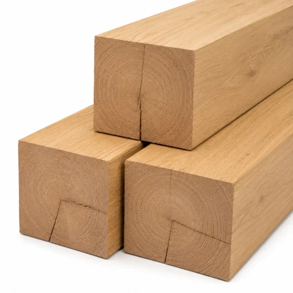 Three large square Oak timber beams stacked against a white background, highlighting end grain.