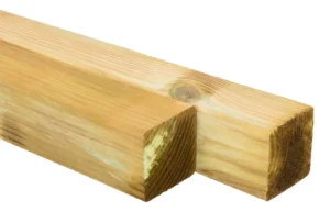 Close up sample view of two MicroShades square structural timber posts showing the ease edge finish and pressure-treated wood grain detail.