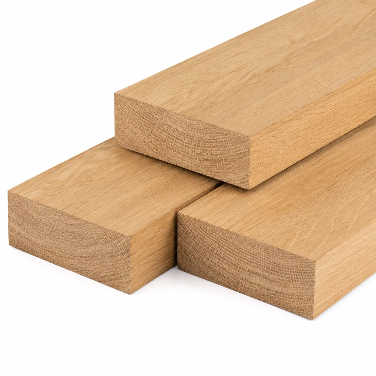 Stack of three sawn Oak heavy timber joists showcasing natural light brown wood grain on a white background.