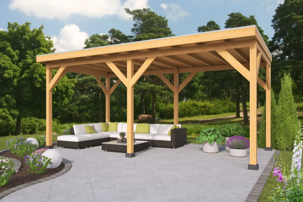 Large wooden outdoor pergola Willow Range 5000 sheltering a patio sectional sofa set.