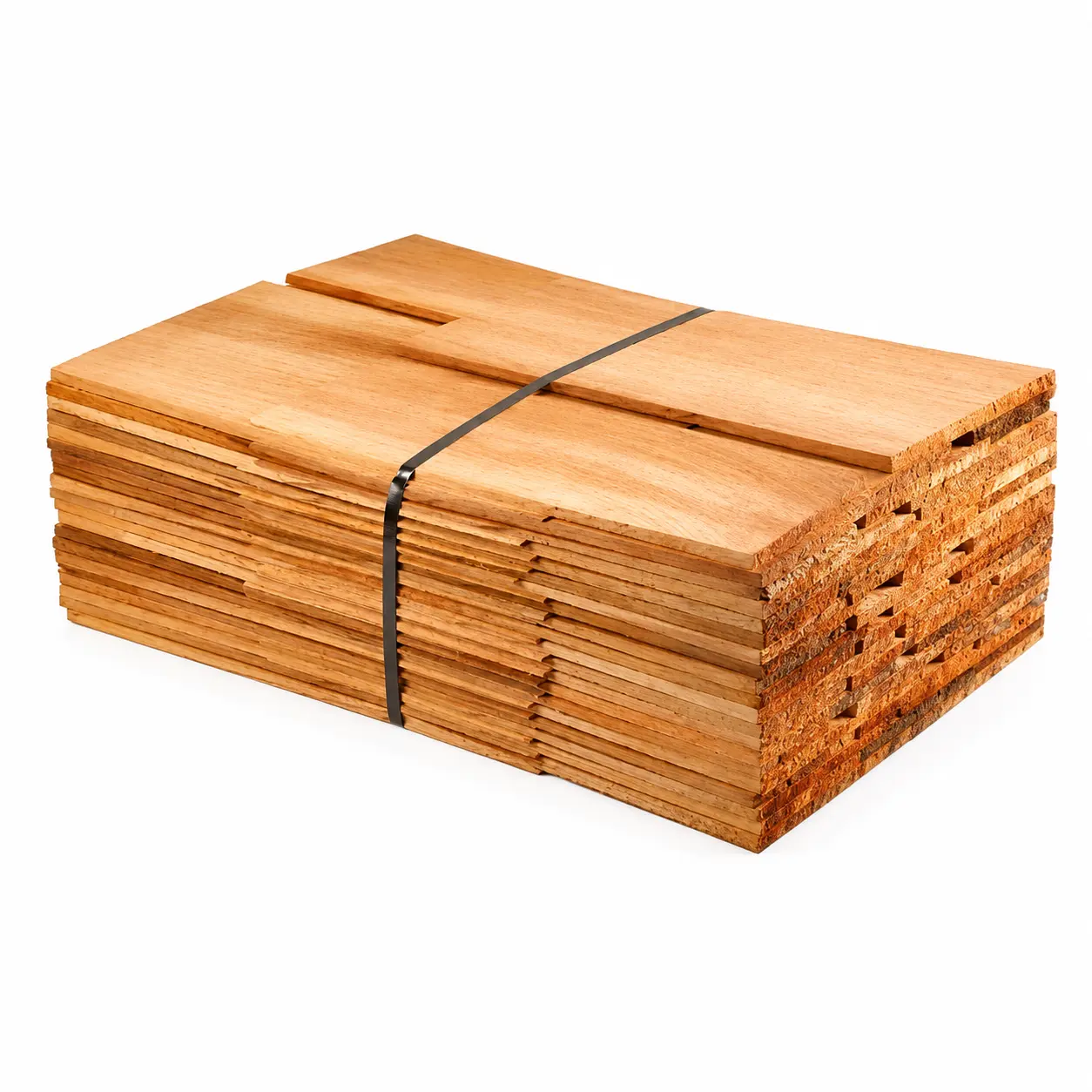 A bundled stack of Western Red Cedar roofing and cladding shingles, showing the natural grain variations and tapered profile of Blue Label No. 1 Grade timber.