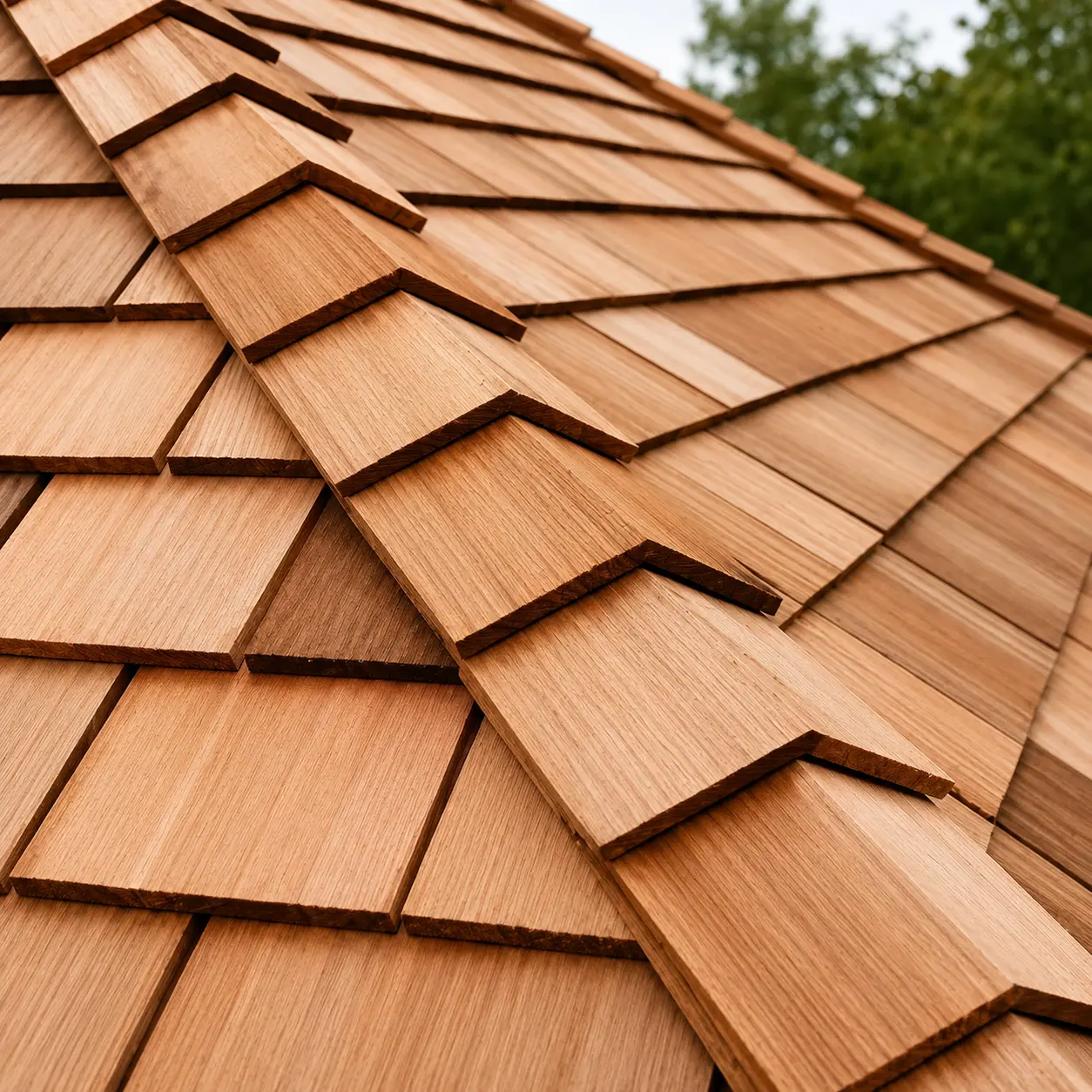 Close-up of installed Western Red Cedar Shingles Blue Label No 1 Grade 2.32M2 Bundle roofing.