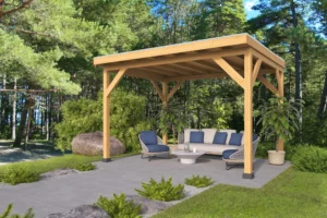 Willow Range 3000 timber outdoor pergola featuring garden lounge furniture on a patio.