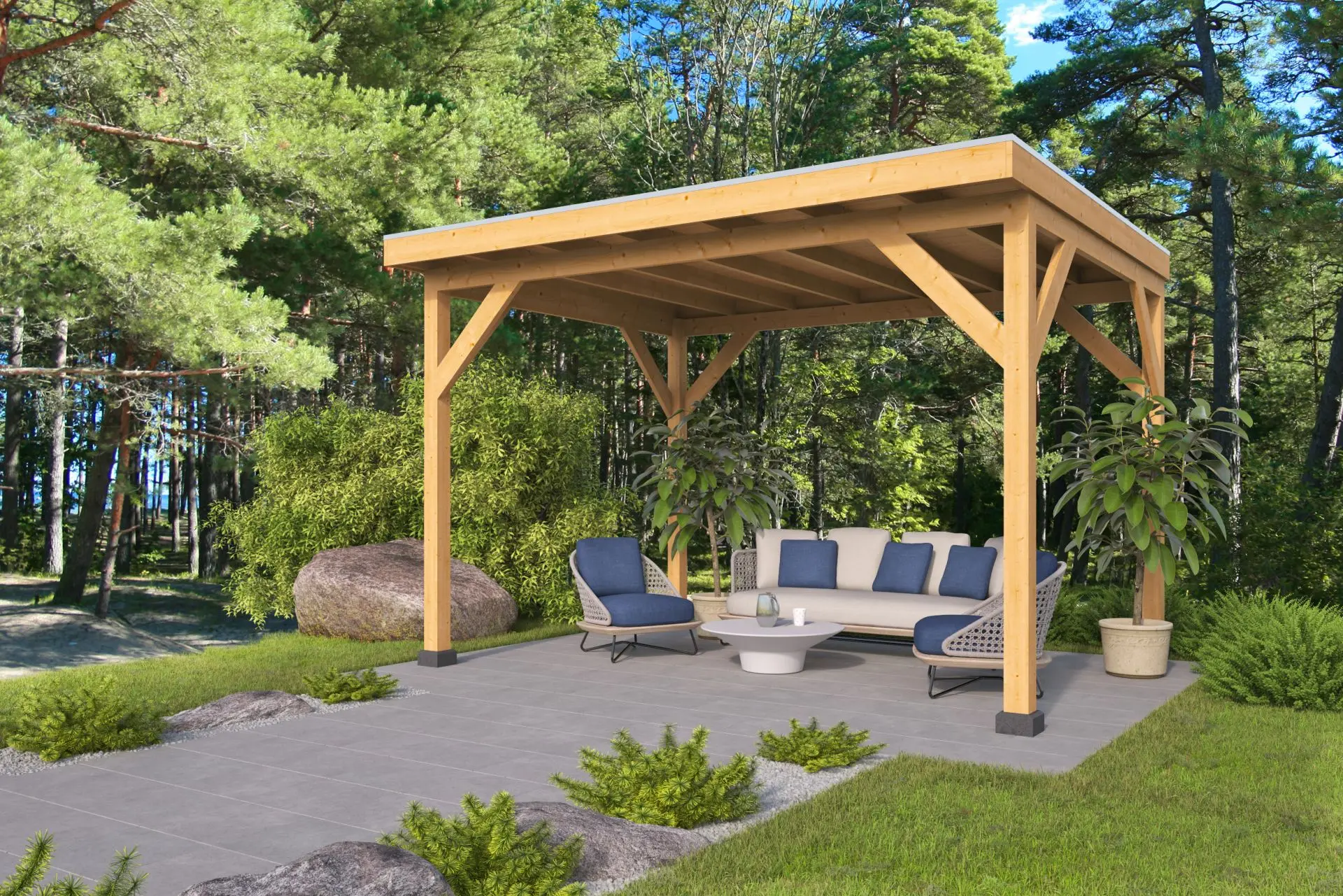 Willow Range 3000 timber outdoor pergola featuring garden lounge furniture on a patio.