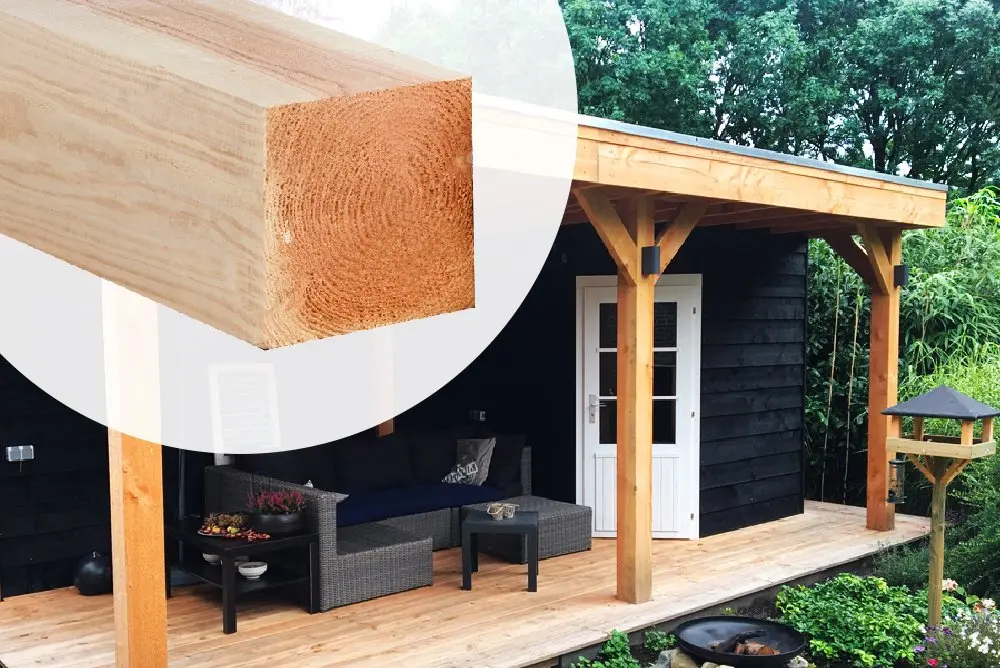 Sawn Douglas Fir square structural timber beam highlighting the close-up end grain profile against a backyard garden veranda cabin application.