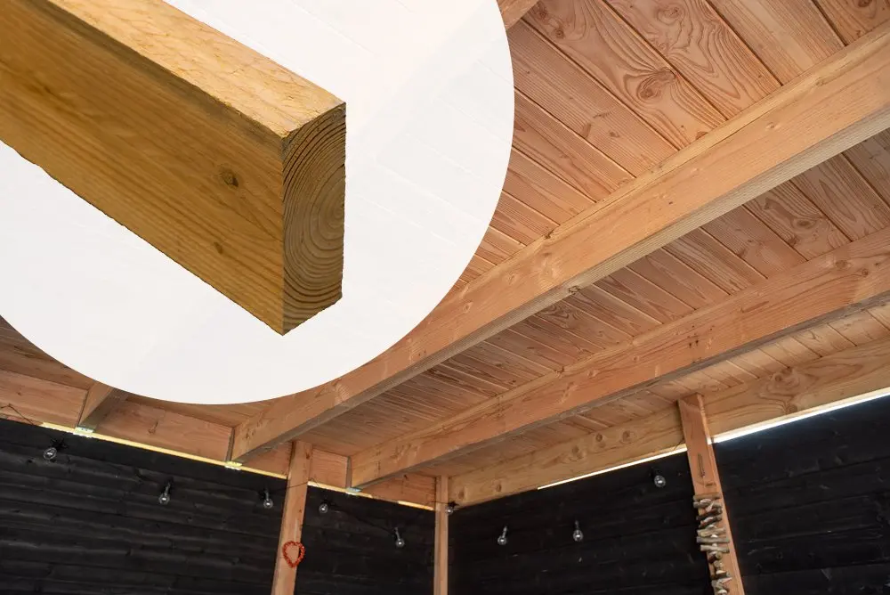 Sawn Douglas Fir timber heavy joist displaying an end grain profile inset over an installed wooden roof framework structure with parallel ceiling planks.