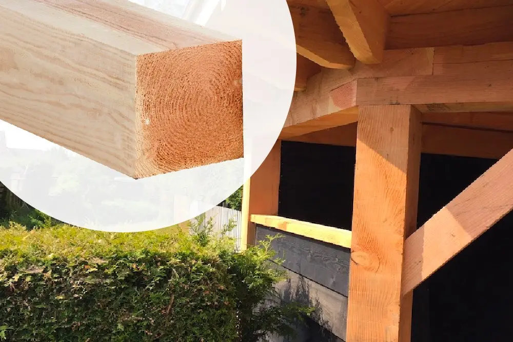 Structural timber post detail highlighting the cut end profile of a Douglas Fir Timber Beam Sawn measuring 200x200mm by 5000mm length on a garden structure.