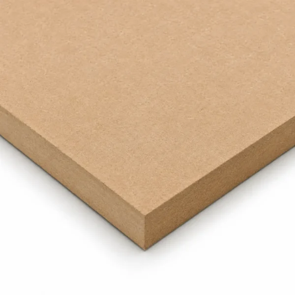 Close up corner view of a standard brown MDF sheet showcasing its smooth sanded texture on a white background.