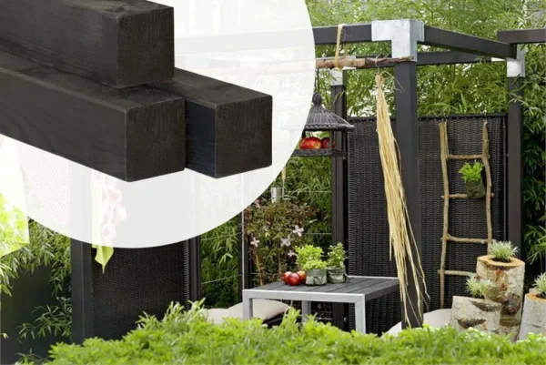 Three black-stained square spruce timber posts highlighting the cross-section ends against an outdoor garden patio pergola application.