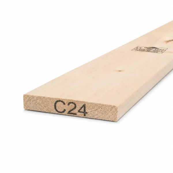A single piece of kiln-dried C24 graded structural whitewood timber displaying the C24 strength certification stamp on its cross-section.
