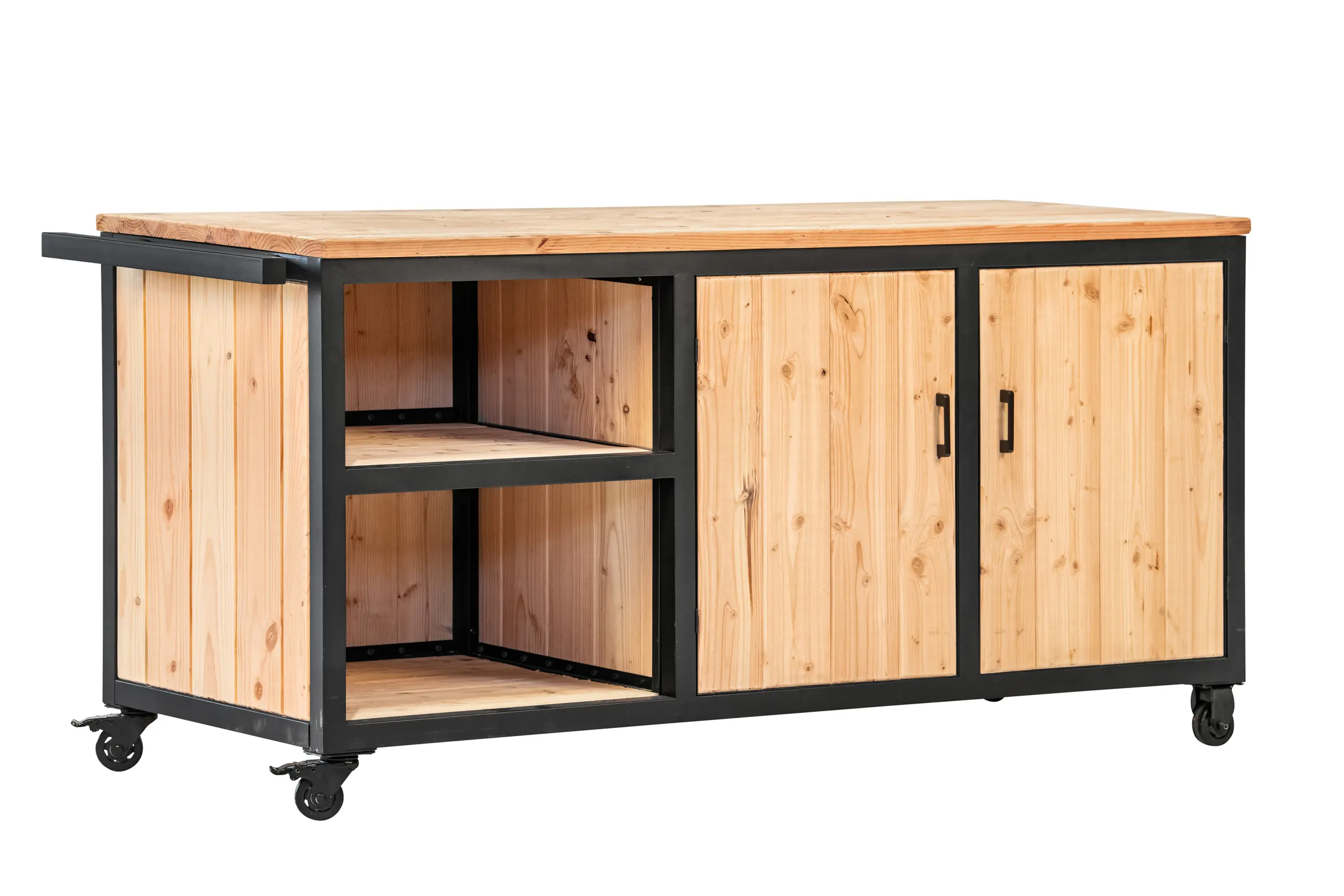 Acero outdoor kitchen station 190cm with natural Douglas fir wood panels and shelves.