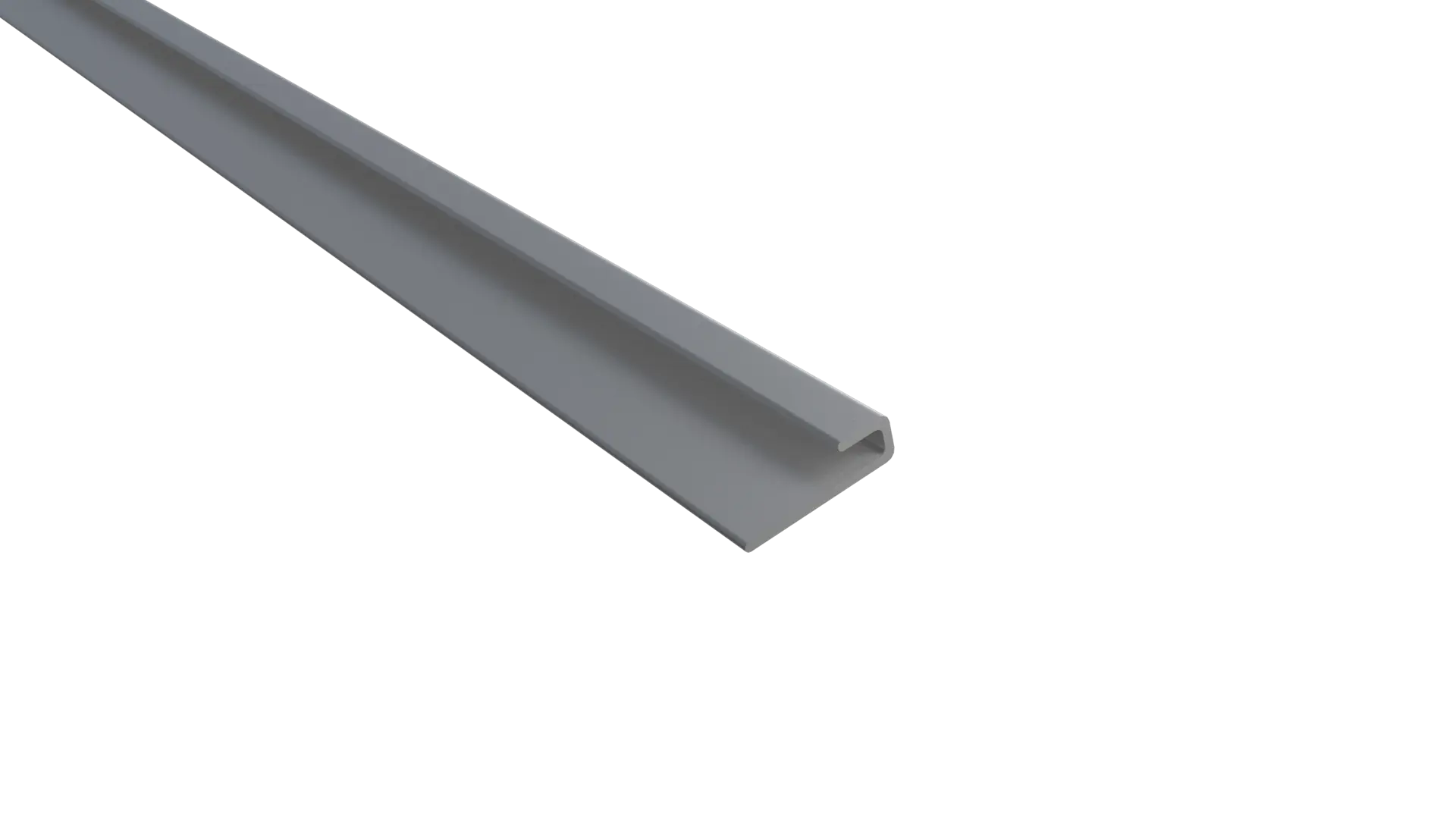 Three-quarters perspective view of a grey Classic Alu Startprofile mounting trim strip showcasing its J-shaped channel profile isolated on a solid black background.