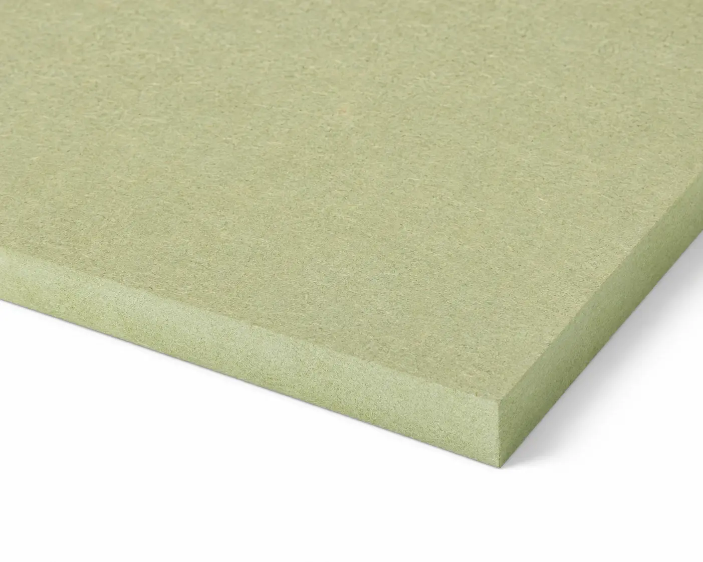 Close-up corner of a green Moisture Resistant MDF Sheet measuring 2440x1220mm with a 12mm thickness.