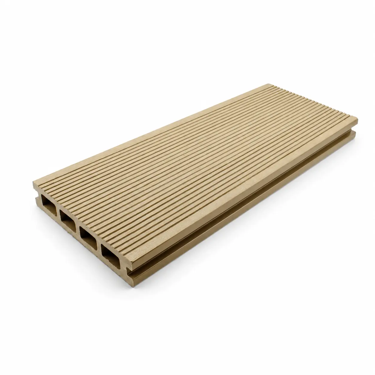 PuraPro Square Hole Composite Decking Oak 3900mm board showing its ribbed top surface and hollow chamber core design.