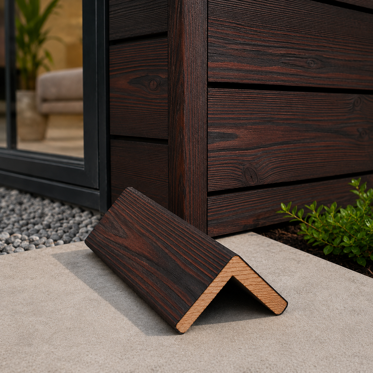 Siberian Larch Charred Timber Cladding Corner — Dark Amber