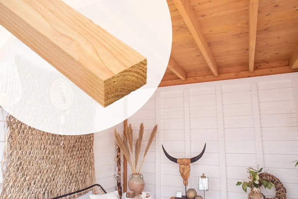 Sawn Douglas Fir timber joist showing an end grain section inset over a finished wooden patio roof framework with exposed rafters and a decorated white wall background.