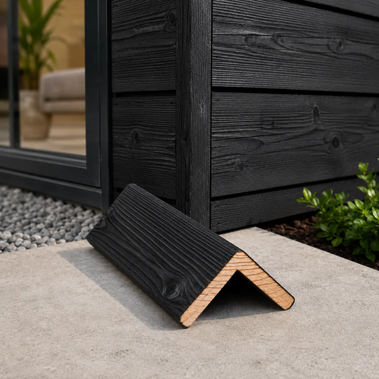 A dark black Siberian Larch charred timber cladding corner profile piece on a patio next to an installed charred wood wall.