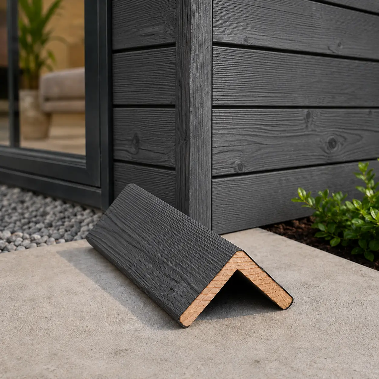 Siberian Larch charred timber cladding corner trim in dark grey finish installed on exterior wall.