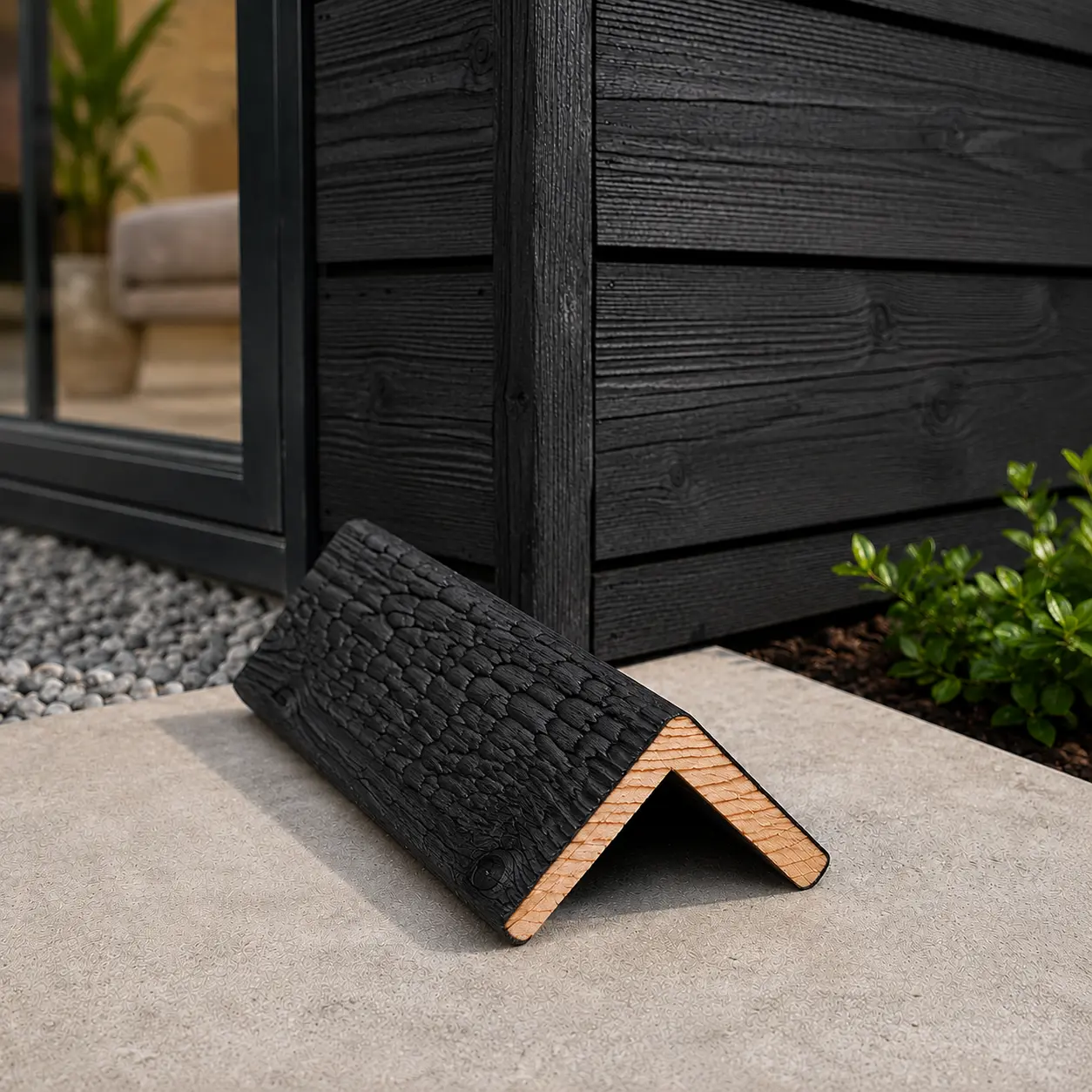 Siberian Larch charred timber cladding corner trim in deep charred finish on exterior wall.