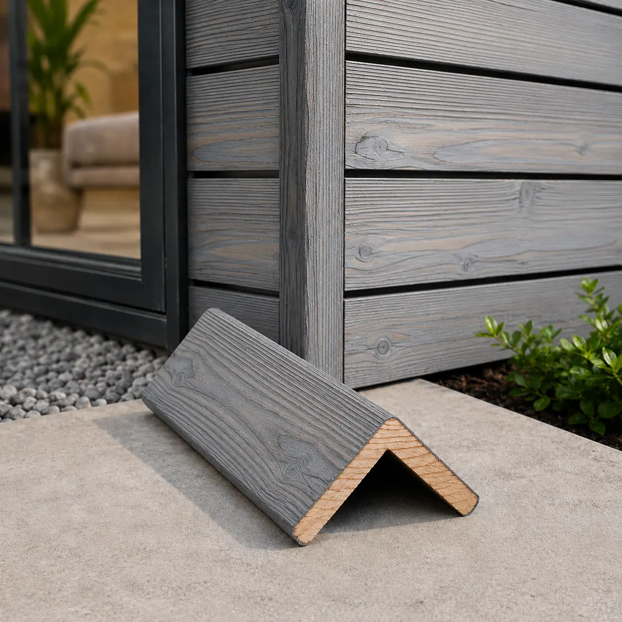 Siberian Larch charred timber cladding corner trim in light grey installed on an exterior wall.