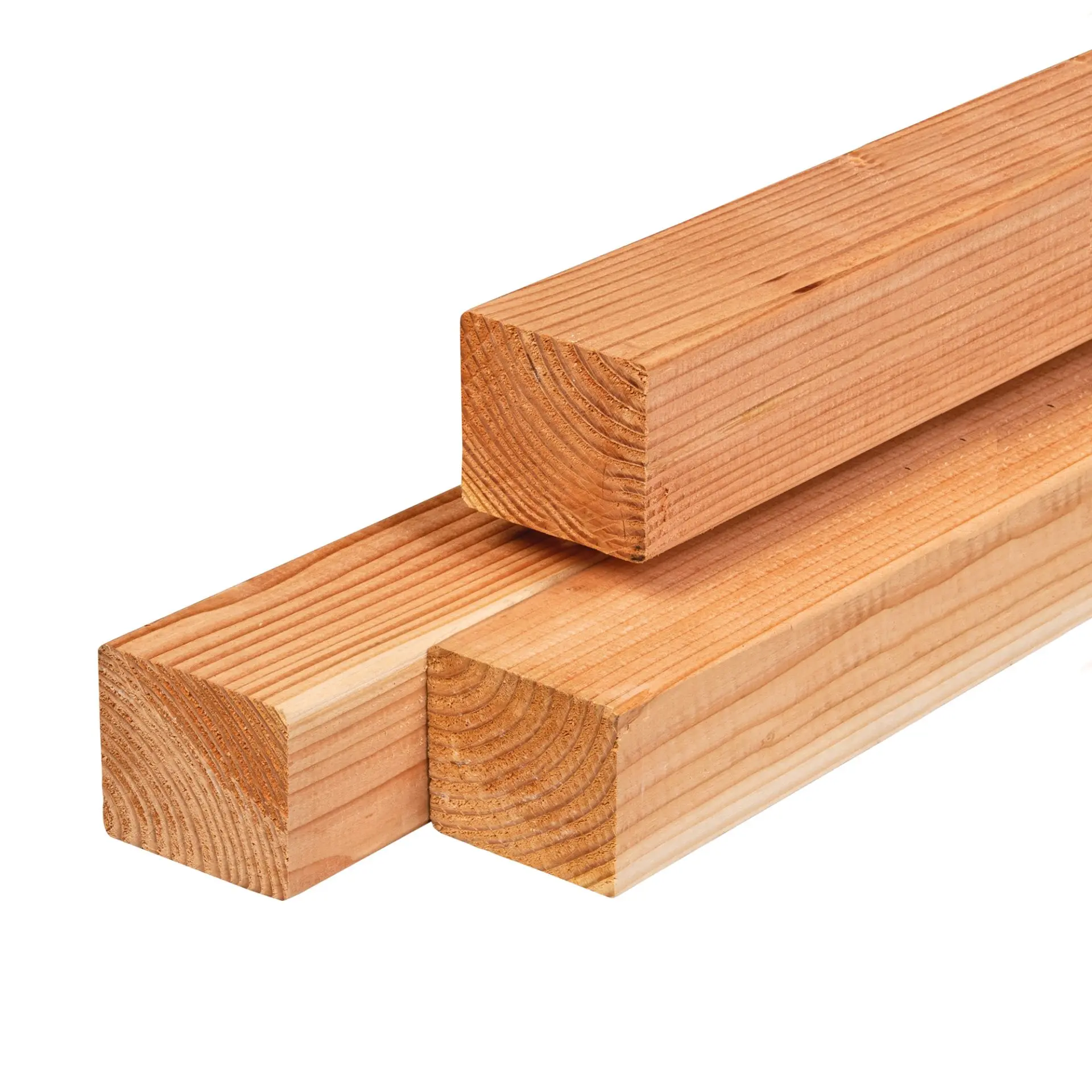 Ecowood batten screen fencing timber profiles stacked to show natural reddish-brown wood grain.