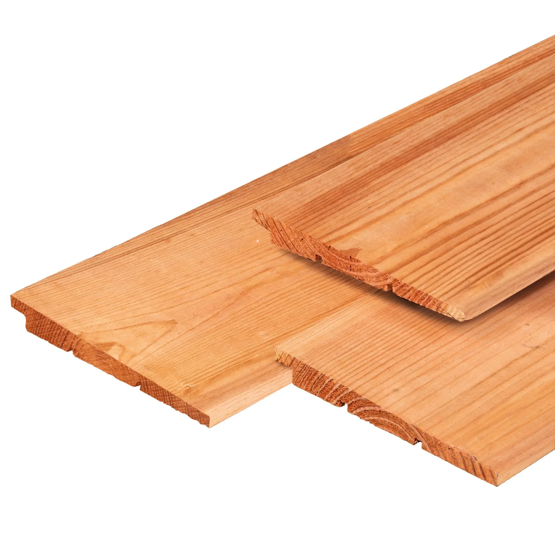 Three Ecowood cladding boards stacked to display the tapered feather edge profile and reddish-brown grain.