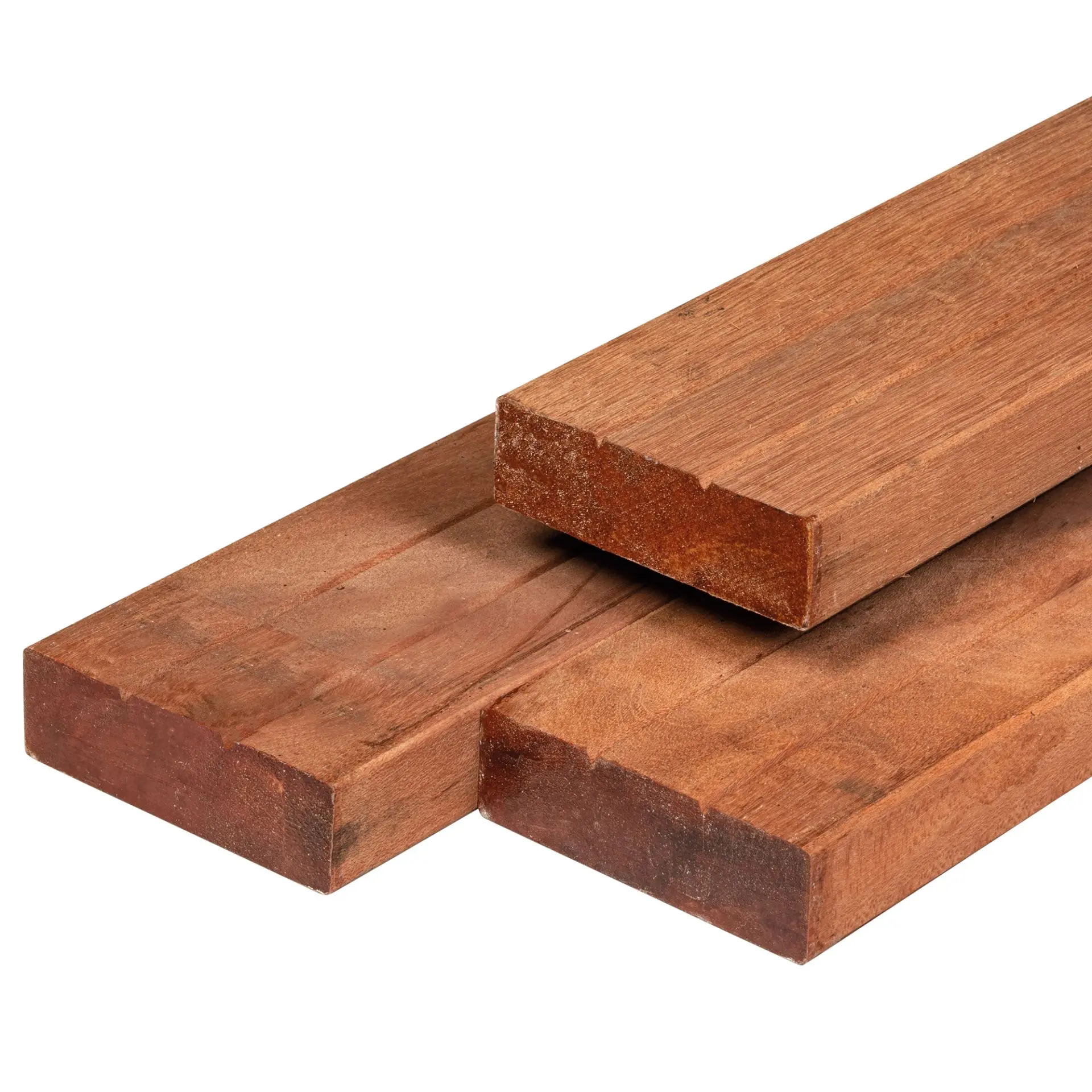 Three planed all round (PAO) Yellow Balau timber boards stacked together, showing a rich reddish-brown wood grain.