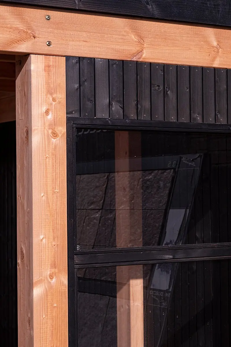 Structural construction installation details using Ecowood Beam 140x140mm by 6000mm length framework on a modern garden building.