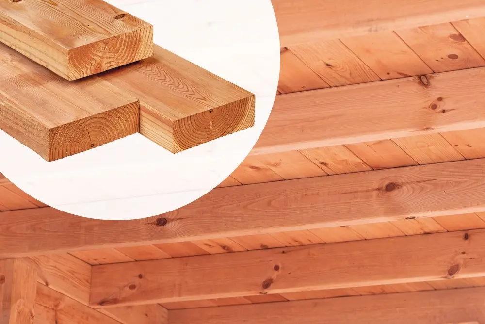 Stacked timber planks detail showcasing the smooth cut grain of an Ecowood Beam measuring 200x200mm by 4000mm length used in a wooden roof lining.