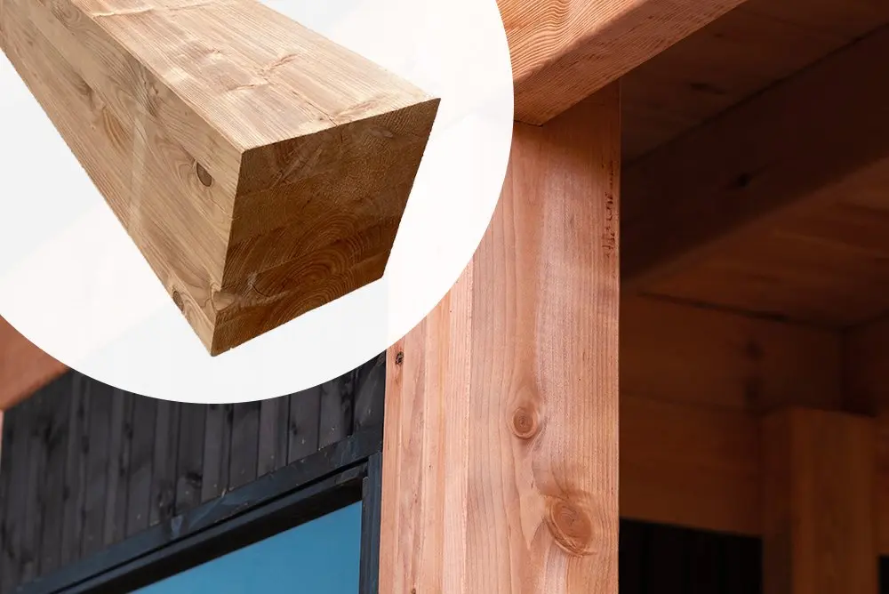 Structural construction detail showcasing a thick wooden vertical support column built using an Ecowood Beam measuring 200x200mm with a 5000mm length.
