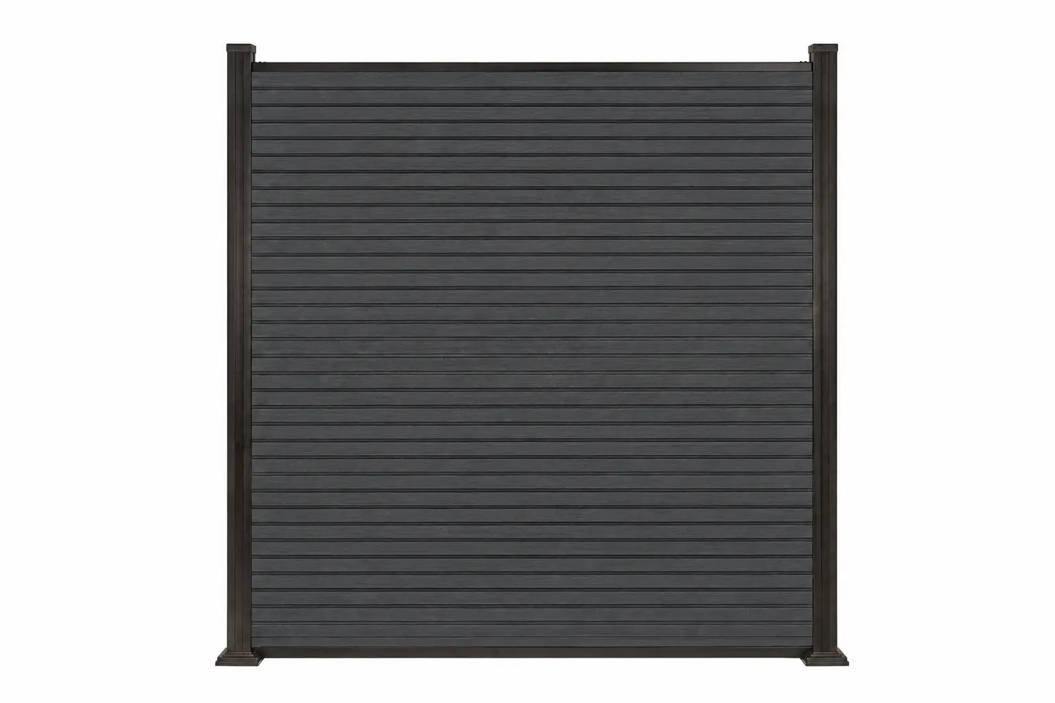 Frontal view of a fully assembled PuraFence Royal slatted composite fence panel kit in Dark Grey supported by matching side posts on a clean white background.