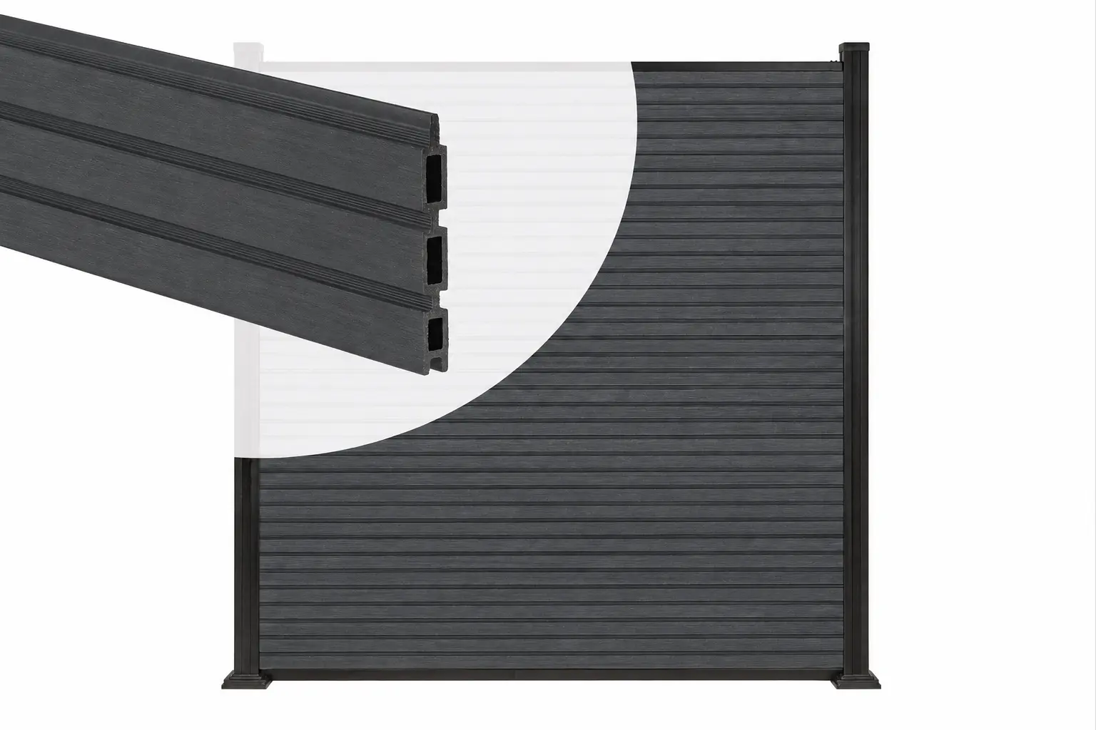PuraFence Royal slatted composite fence panel kit in Dark Grey showing a detailed cross-section cutout sample of a slatted board over a full panel assembly view.