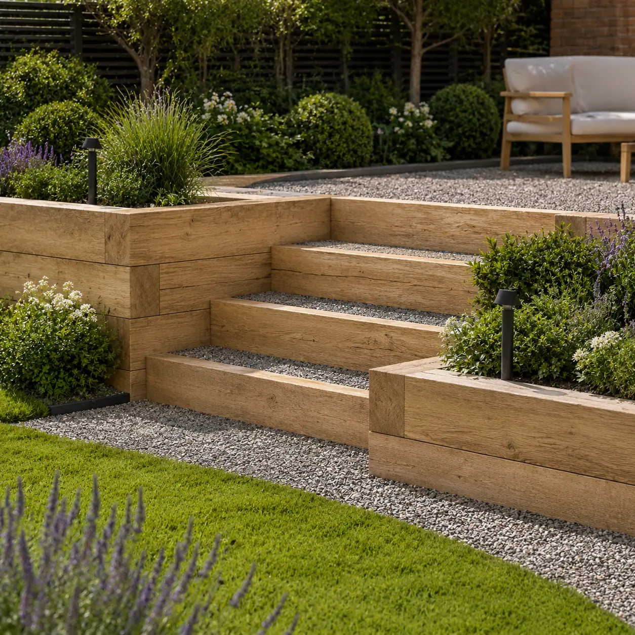Garden stairs and raised beds constructed from durable Oak railway sleepers surrounded by gravel.