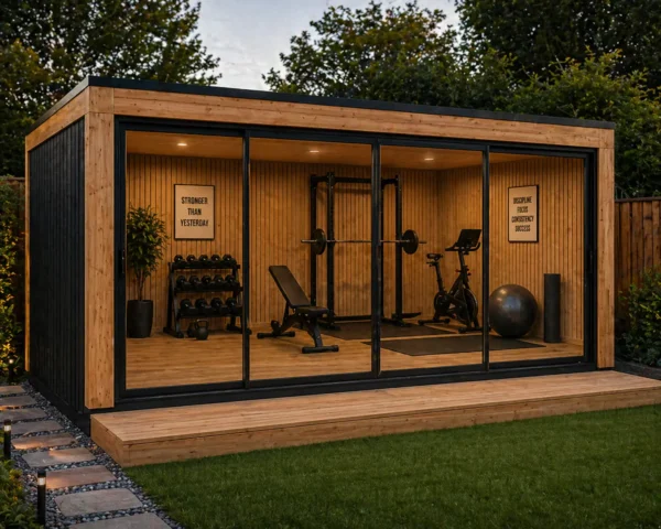 Modern outdoor garden room from the modern range configured as a fully equipped home gym.