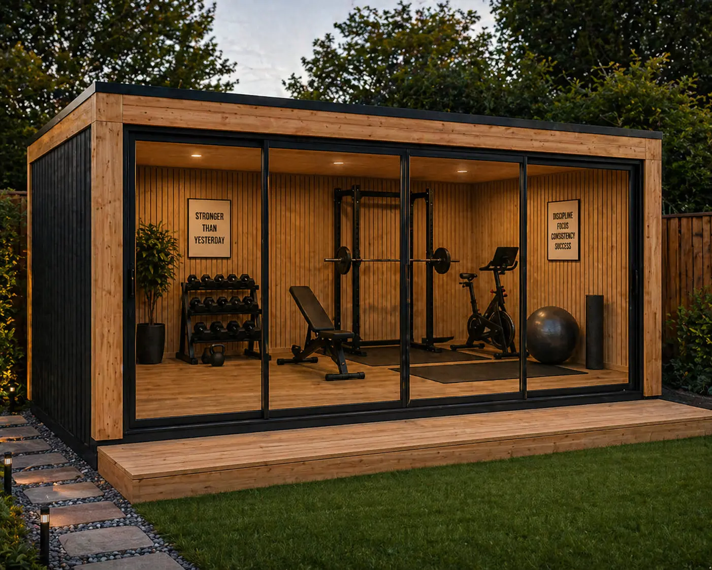 Modern outdoor garden room from the modern range configured as a fully equipped home gym.