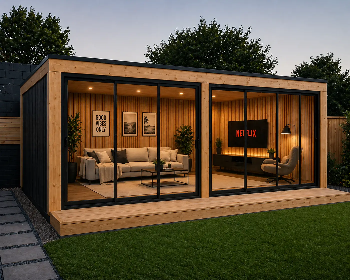 Exterior of an illuminated Outdoor Garden Room Modern Range 5000 with sliding glass doors.