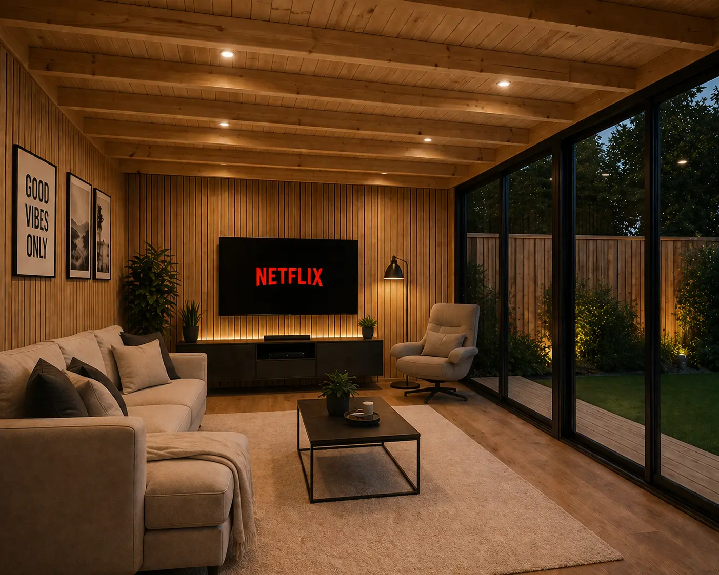 Interior of an Outdoor Garden Room Modern Range 5000 with wooden walls and sofa.