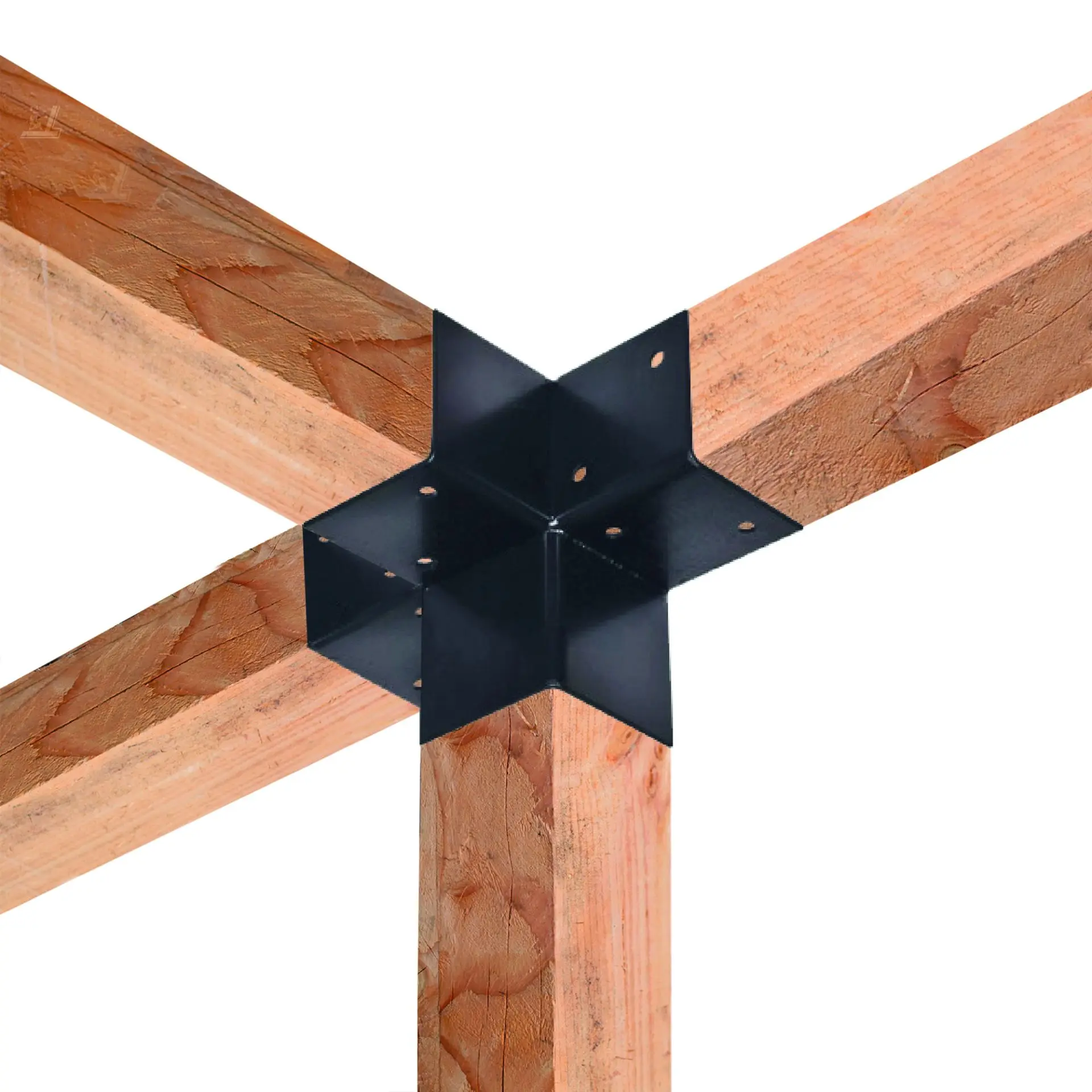 Black 4-way corner post connector joining four square timber beams at an intersection.