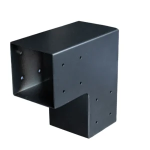 Heavy-duty black metal 2-way corner post connector bracket designed for anchoring 150mm square timber beams.