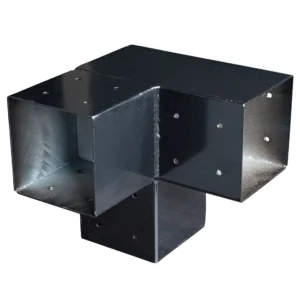 Black metal 3-way corner post connector bracket for anchoring 150mm square timber beams.