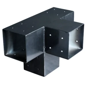 Black metal 4-way corner post connector designed for heavy duty 150mm timber beams.