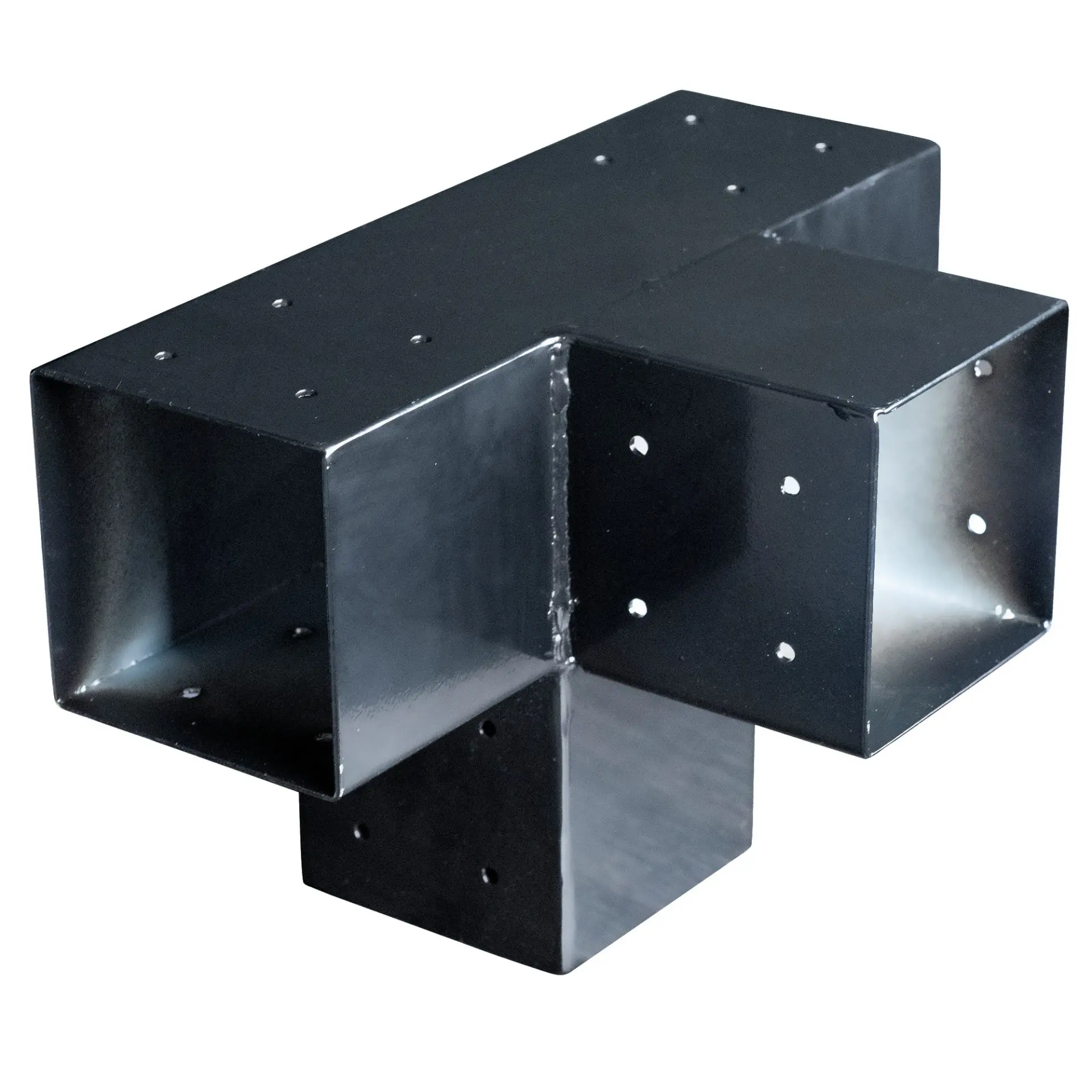 Black metal 4-way corner post connector designed for heavy duty 150mm timber beams.