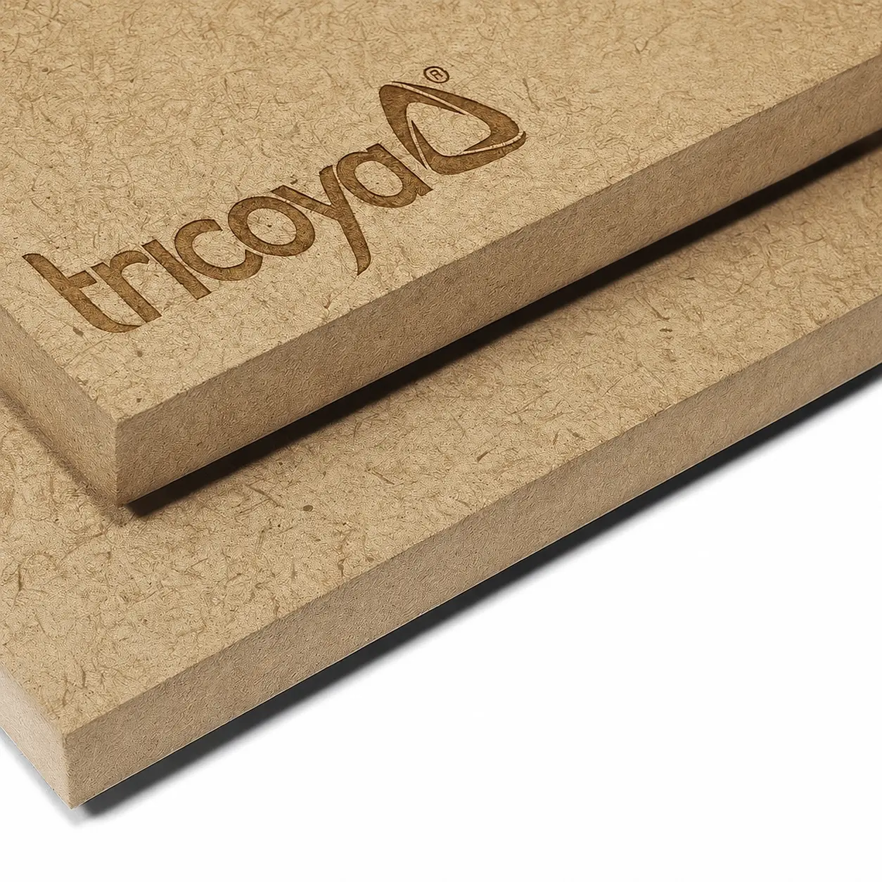 Stacked waterproof Tricoya MDF sheets measuring 2440x1220mm with a 6mm thickness.