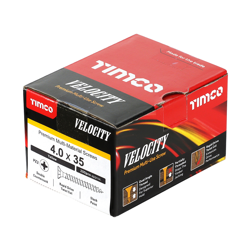 Velocity Premium Multi-Use Screws - PZ - Double Countersunk - Yellow 4.0 x 35
