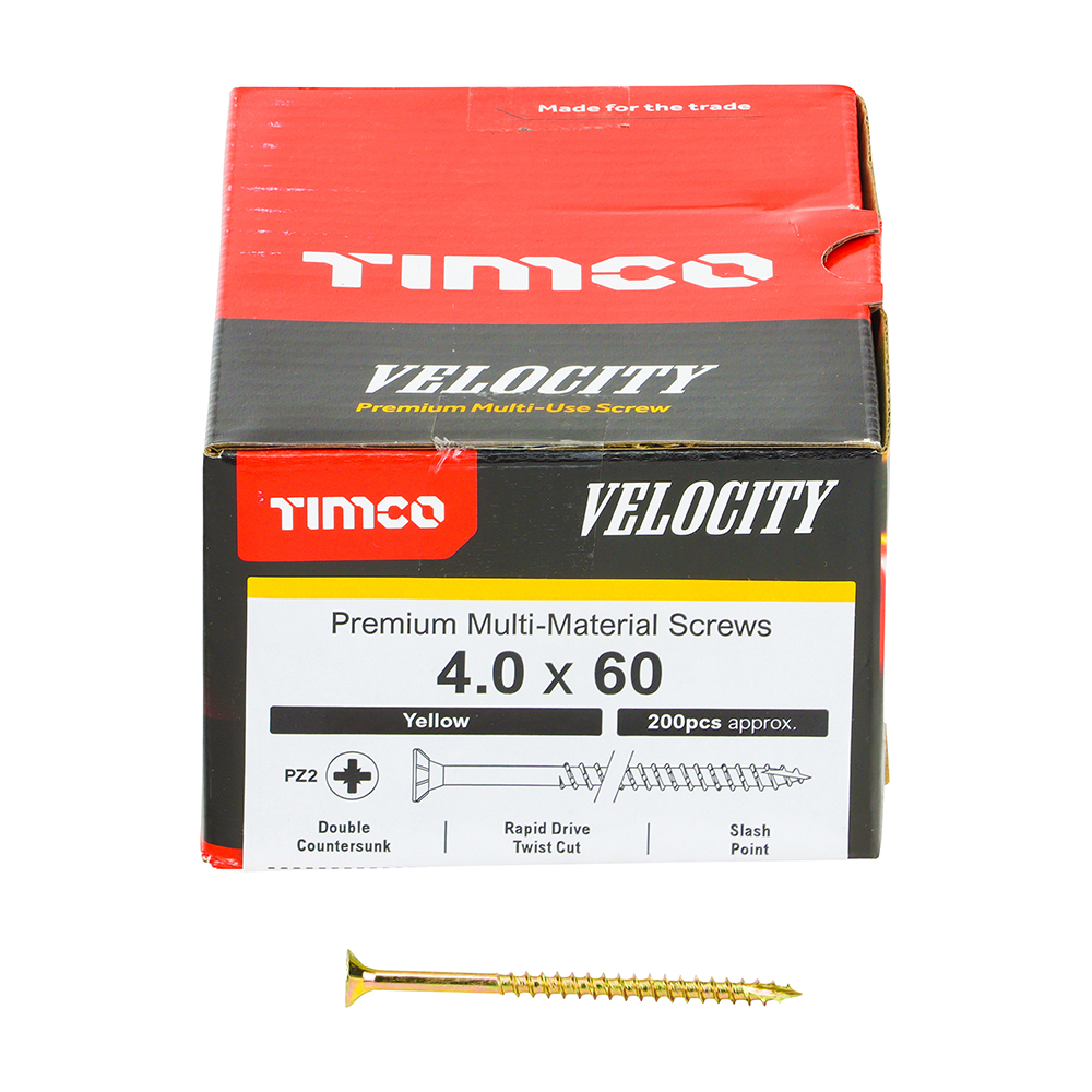Velocity Premium Multi-Use Screws - PZ - Double Countersunk - Yellow 4.0 x 60