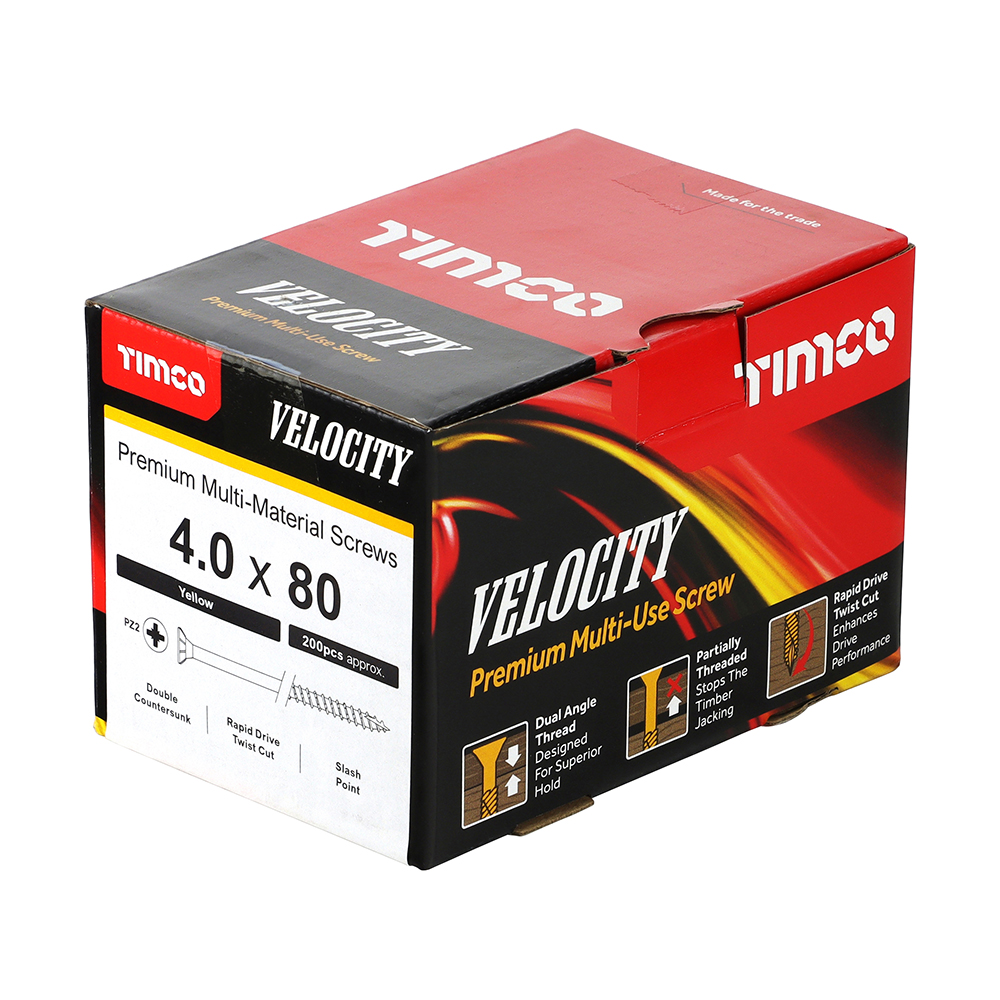 Velocity Premium Multi-Use Screws - PZ - Double Countersunk - Yellow 4.0 x 80