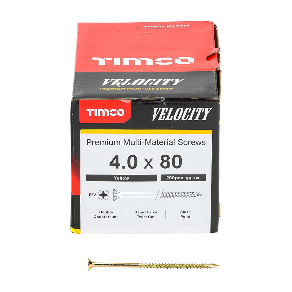 Velocity Premium Multi-Use Screws - PZ - Double Countersunk - Yellow 4.0 x 80